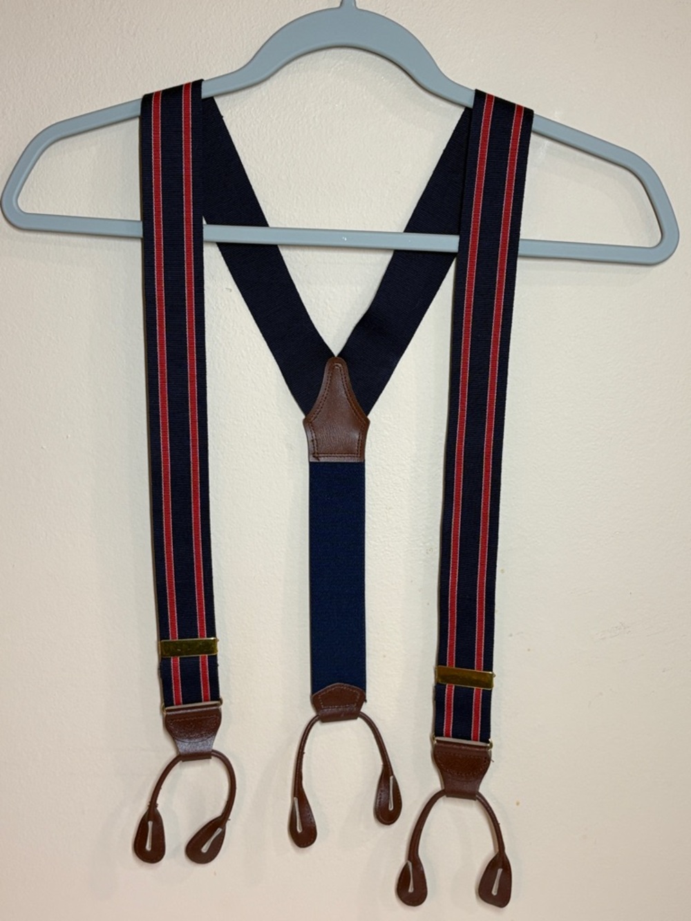 Navy Blue Striped Y-Back Suspenders with Brown Leather Tabs